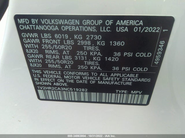 2022 Volkswagen Atlas, VIN: 1V2HR2CA3NC519282