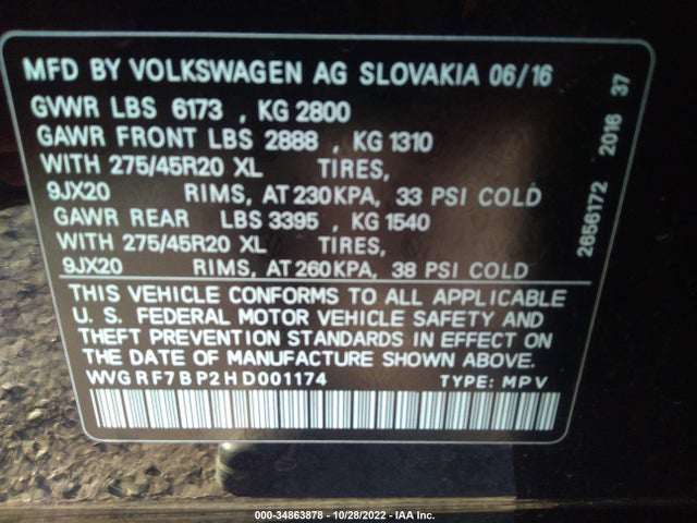 2017 Volkswagen Touareg, VIN: WVGRF7BP2HD001174