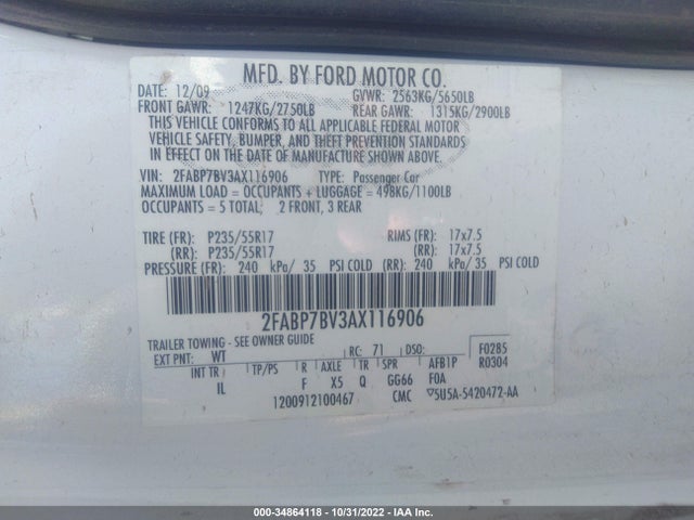 2010 FORD POLICE INTERCEPTOR VIN: 2FABP7BV3AX116906