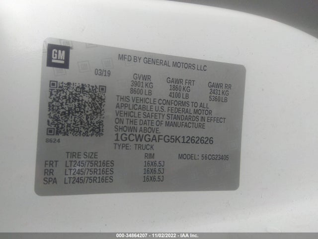 2019 Chevrolet Express, VIN: 1GCWGAFG5K1262626