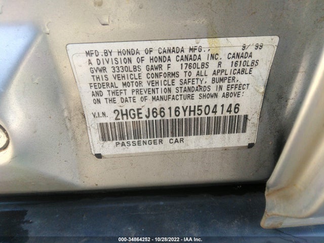2000 HONDA CIVIC VP VIN: 2HGEJ6616YH504146