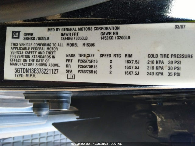 Hummer H3 SUV 2007 5GTDN13E378221127 Image 10