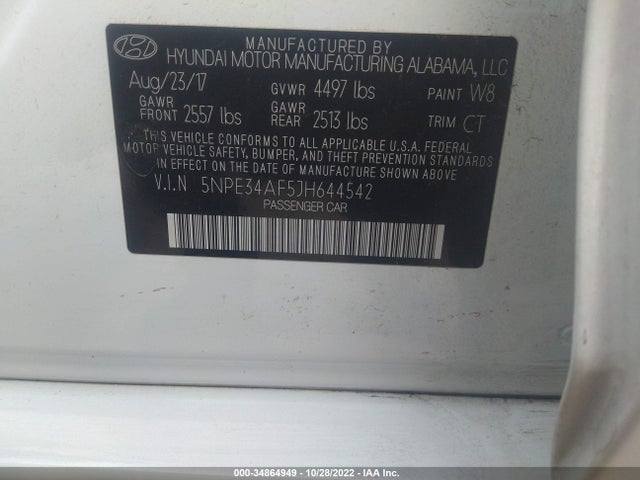 2018 HYUNDAI SONATA SPORT VIN: 5NPE34AF5JH644542