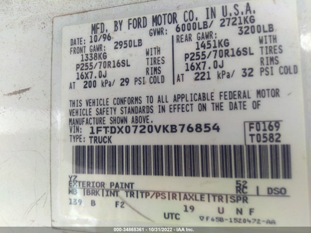 1997 FORD F-150 XL/XLT VIN: 1FTDX0720VKB76854