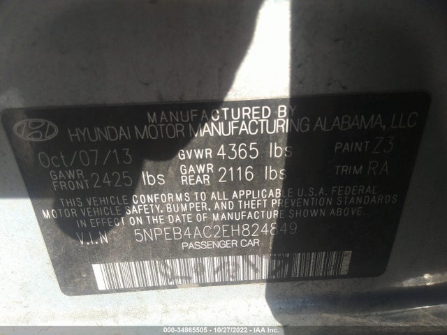 2014 HYUNDAI SONATA GLS VIN: 5NPEB4AC2EH824849