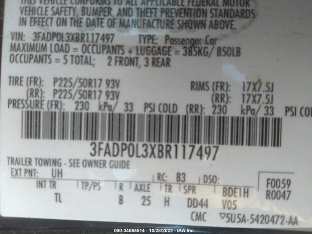 2011 FORD FUSION HYBRID VIN: 3FADP0L3XBR117497