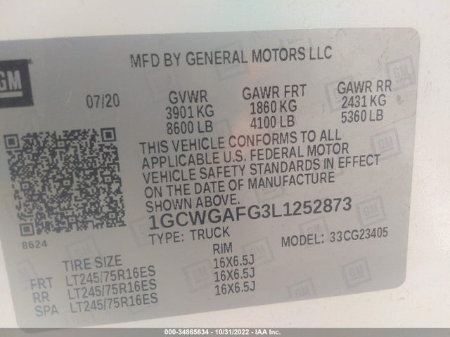 Chevrolet EXPRESS CARGO VAN 2020 1GCWGAFG3L1252873 Image 10
