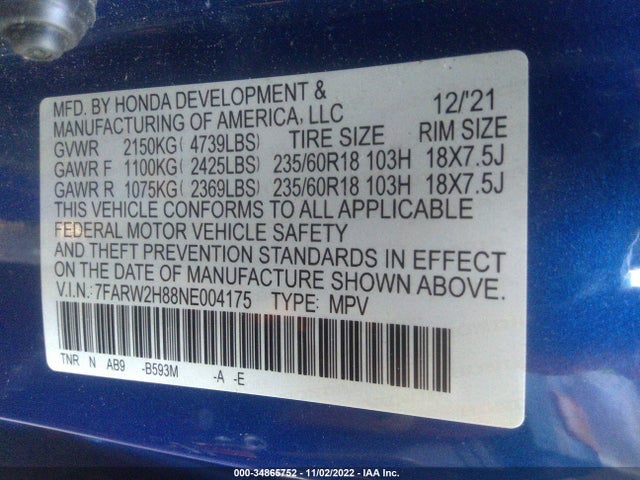 2022 Honda CR-V, VIN: 7FARW2H88NE004175