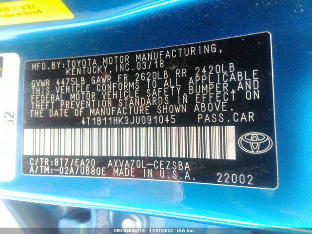 2018 Toyota Camry, VIN: 4T1B11HK3JU091045
