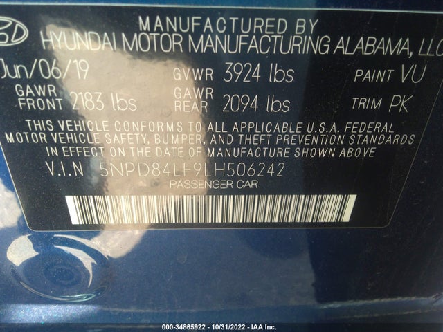 2020 HYUNDAI ELANTRA SEL VIN: 5NPD84LF9LH506242