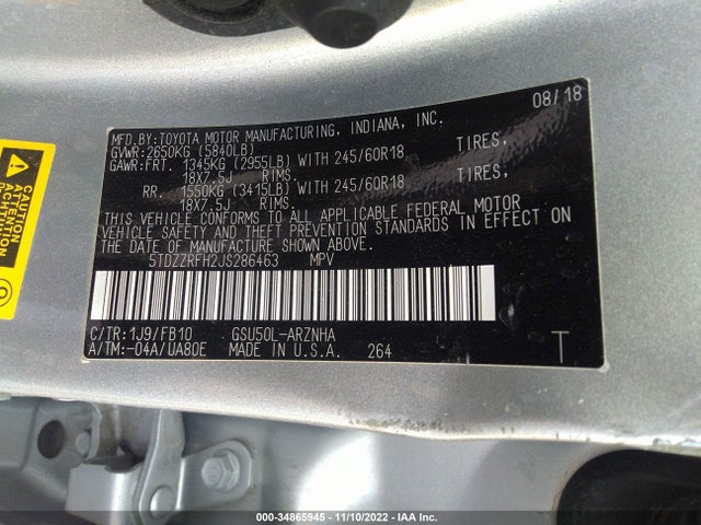 2018 Toyota Highlander, VIN: 5TDZZRFH2JS286463