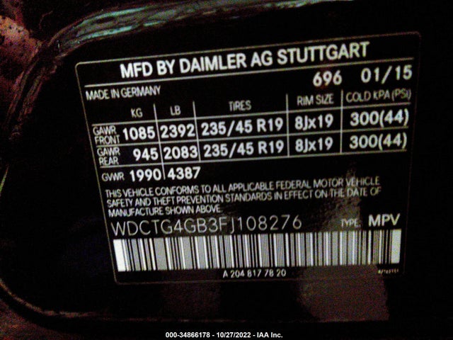 2015 Mercedes-Benz GLA-Class, VIN: WDCTG4GB3FJ108276