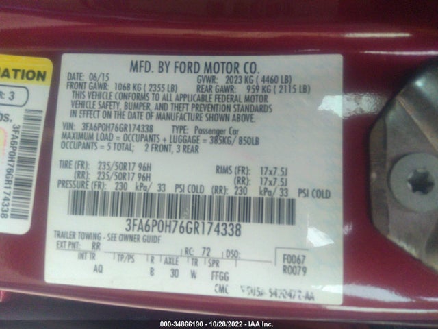 2016 Ford Fusion, VIN: 3FA6P0H76GR174338