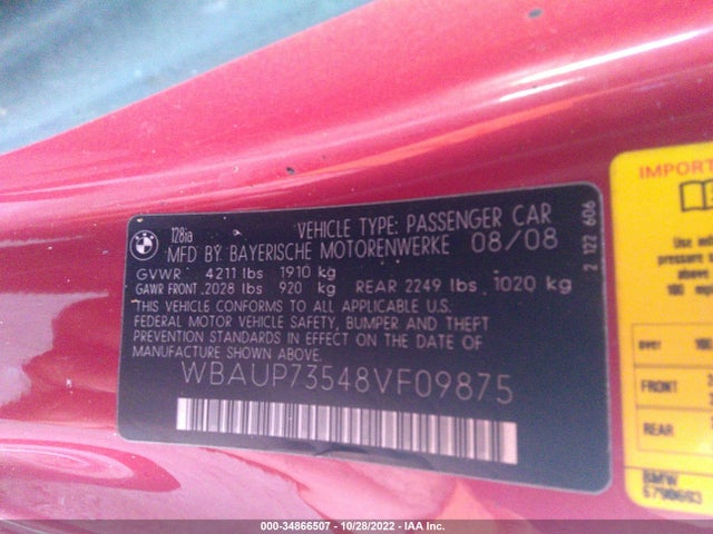 2008 BMW 1 SERIES 128I VIN: WBAUP73548VF09875
