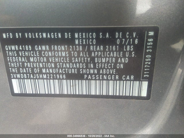 2017 VOLKSWAGEN JETTA 1.4T SE VIN: 3VWDB7AJ5HM221966