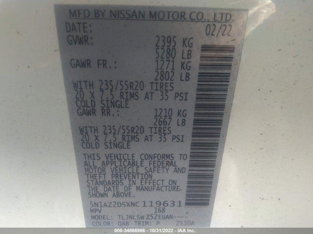 2022 Nissan Murano, VIN: 5N1AZ2DSXNC119631