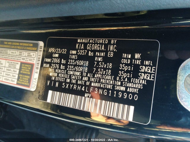2022 Kia Sorento, VIN: 5XYRH4LF3NG119900