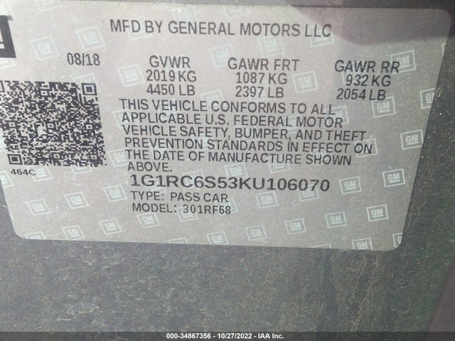 2019 Chevrolet Volt, VIN: 1G1RC6S53KU106070