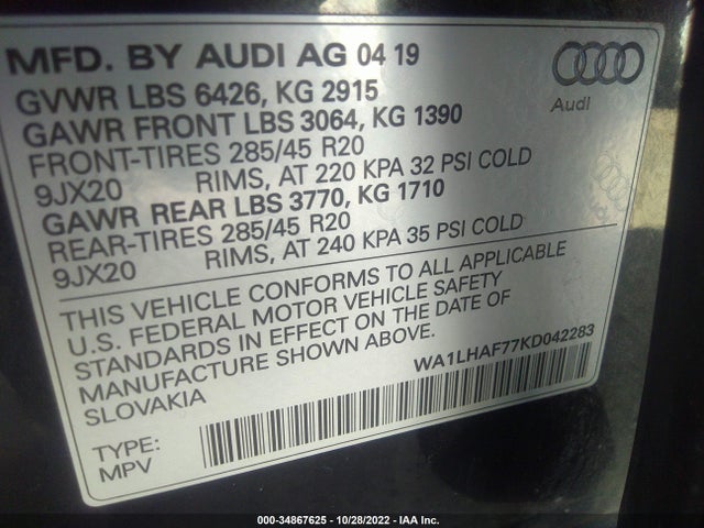 2019 Audi Q7, VIN: WA1LHAF77KD042283
