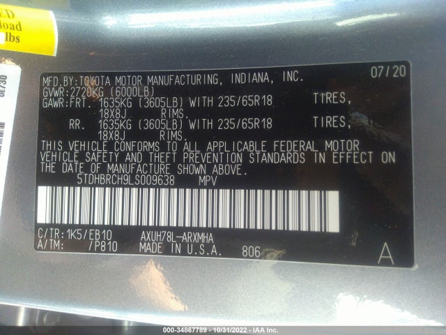 2020 Toyota Highlander, VIN: 5TDHBRCH9LS009638
