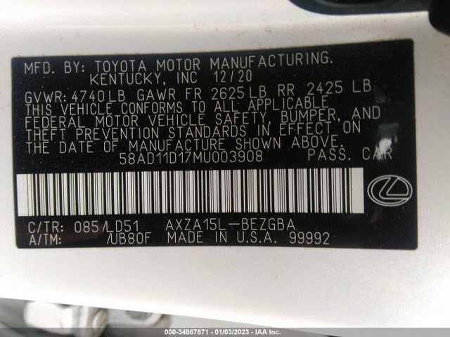 Lexus Es Es 250 2021 58AD11D17MU003908 Image 11
