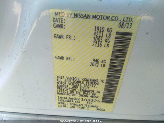 2014 NISSAN ALTIMA 2.5 SL VIN: 1N4AL3AP8EC109326