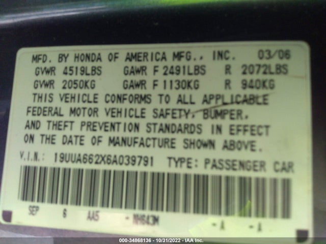 Acura TL 2006 19UUA662X6A039791 Image 10