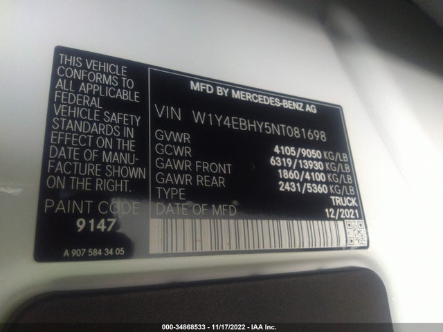 2022 Mercedes-Benz Sprinter, VIN: W1Y4EBHY5NT081698