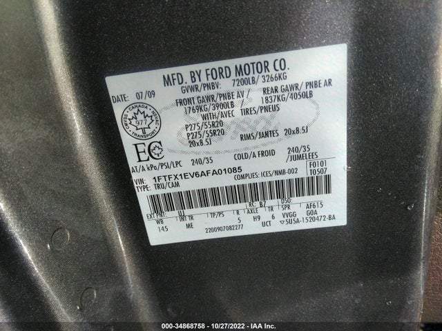 2010 FORD F-150 XL/XLT/FX4/LARIAT VIN: 1FTFX1EV6AFA01085