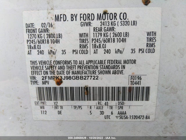 2016 Ford Edge, VIN: 2FMPK3J98GBB27722