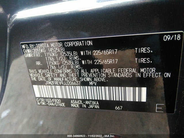 34868923 :رقم المزاد ، JTMZFREV9JJ206637 vin ، 2018 Toyota Rav4 Le مزاد بيع