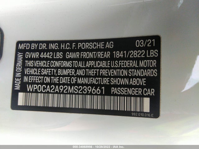 2021 Porsche 911, VIN: WP0CA2A92MS239661