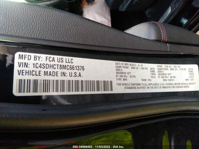 2021 Dodge Durango, VIN: 1C4SDHCT8MC661376