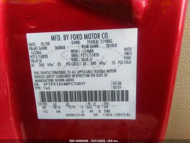 2008 FORD F-150 LARIAT VIN: 1FTPX12V48FC13017