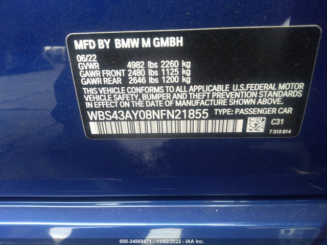 2022 BMW M3, VIN: WBS43AY08NFN21855