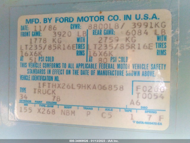 1987 FORD F250 VIN: 1FTHX26L9HKA06858