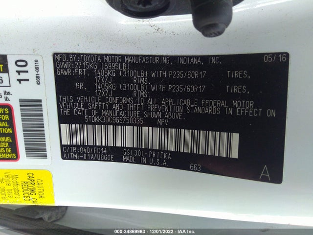 2016 Toyota Sienna, VIN: 5TDKK3DC9GS750335