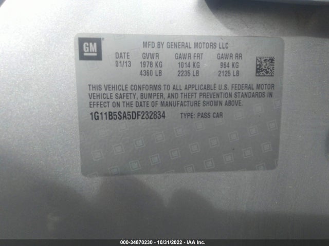 2013 CHEVROLET MALIBU LS VIN: 1G11B5SA5DF232834