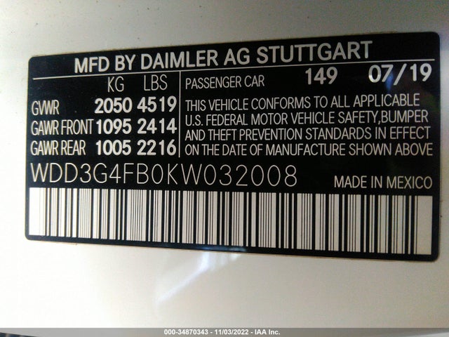 2019 Mercedes-Benz A-Class, VIN: WDD3G4FB0KW032008