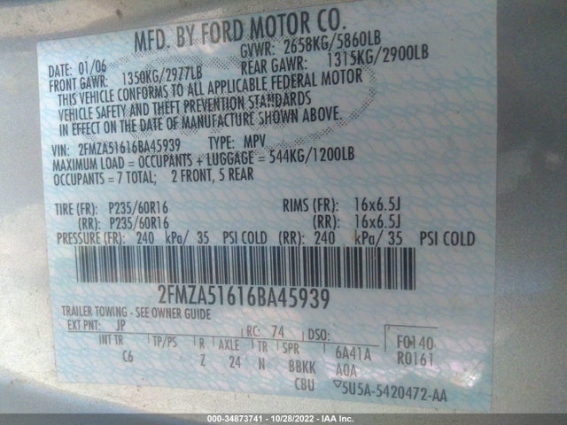 2006 FORD FREESTAR WAGON SE VIN: 2FMZA51616BA45939
