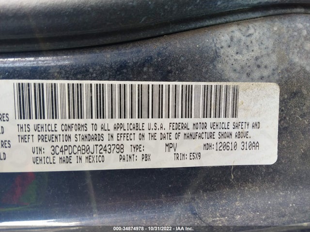 Aukcja sprzedaży 2018 Dodge Journey Se, vin: 3C4PDCAB0JT243798, numer aukcji: 34874978