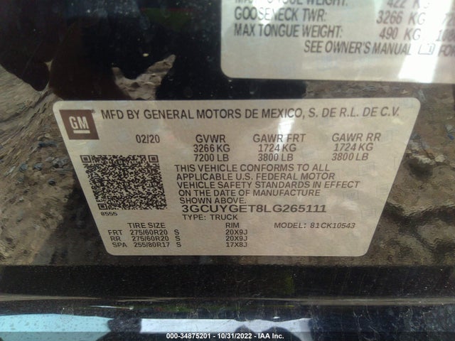 2020 CHEVROLET SILVERADO 1500 LTZ VIN: 3GCUYGET8LG265111