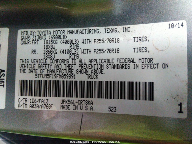 2015 Toyota Tundra, VIN: 5TFUM5F19FX059891