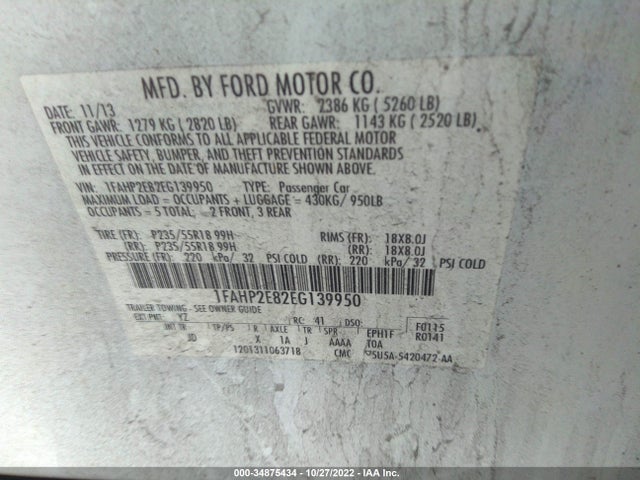 2014 FORD TAURUS SEL VIN: 1FAHP2E82EG139950