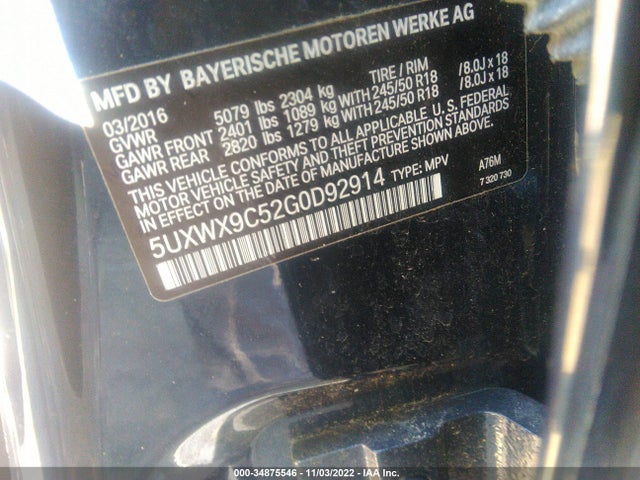 BMW X3 Xdrive28i 2016 5UXWX9C52G0D92914 Image 10