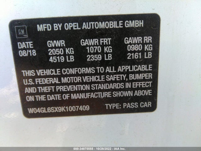 2019 Buick Regal, VIN: W04GL6SX9K1007409