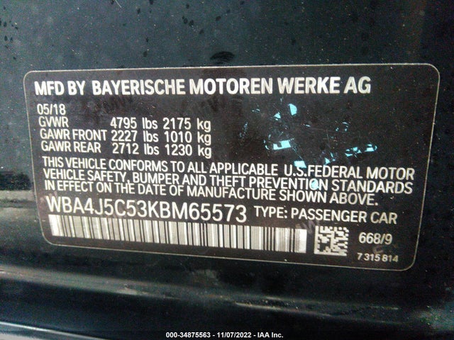 2019 BMW 4 SERIES 440I VIN: WBA4J5C53KBM65573