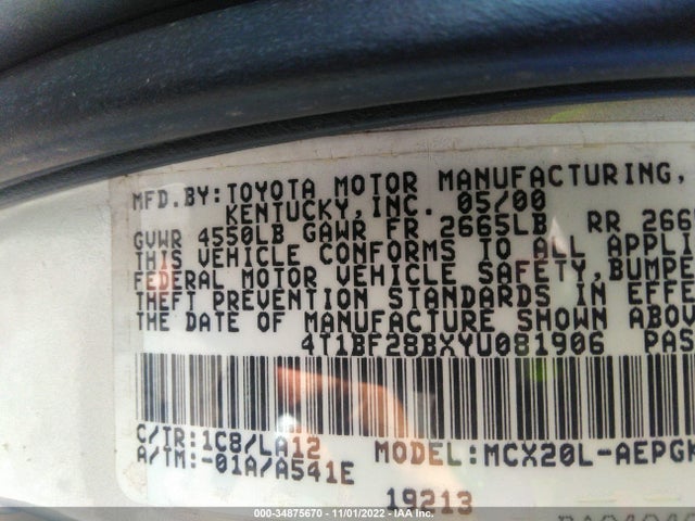 2000 TOYOTA AVALON XL/XLS VIN: 4T1BF28BXYU081906