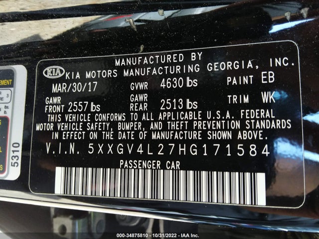 2017 Kia Optima, VIN: 5XXGV4L27HG171584