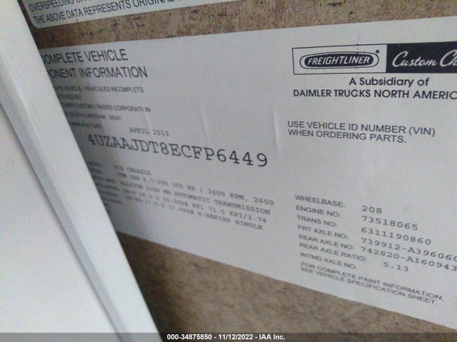 2014 Freightliner Chassis Xc მანქანა იყიდება აუქციონზე, vin: 4UZAAJDT8ECFP6449, აუქციონის ნომერი: 34875850